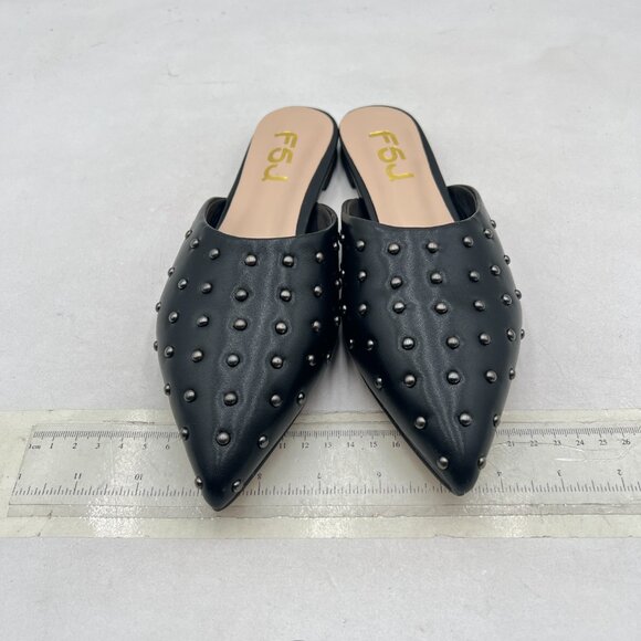 FSJ Black Pointed Toe Flats Mules Sandals Studded Backless Slip On Romantic Shoe - Picture 3 of 8